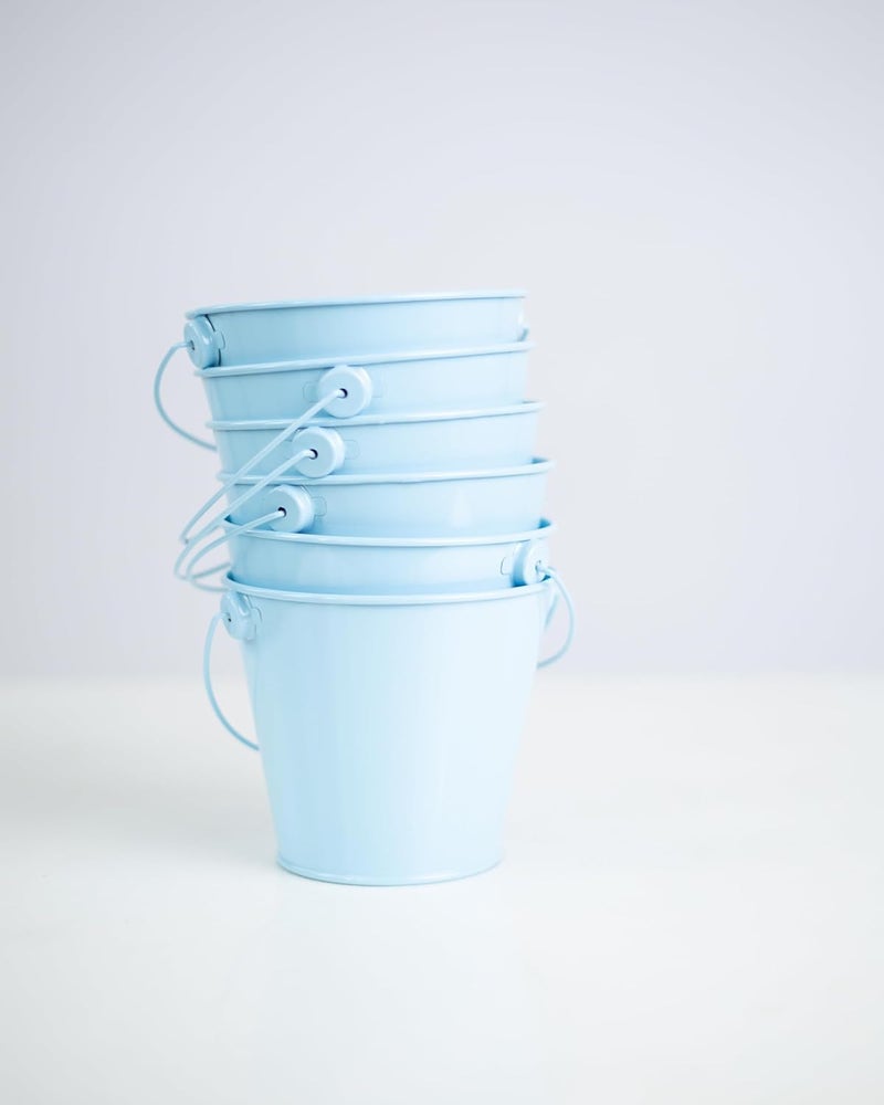 Dominus Decors Small Metal Buckets with Handles - Rust Resistant Leak-Proof Mini Tin Buckets for Classroom, Party Favors, Organization, Weddings, Gardening - Set of 6, Sky Blue - Image 1